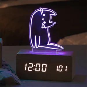 플라이토 우드냥 무드등 LED 탁상시계 귀여운고양이 캐릭터 아이방 어린이 탁상시계