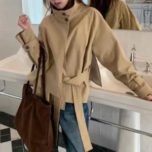 여성 폴라넥 빅사이즈 혁대 짧은 트렌치코트
