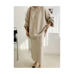 베이직 니트후드세트 울 앙고라 롱치마 플레어 투피스 셋업 미시 가을 간절기