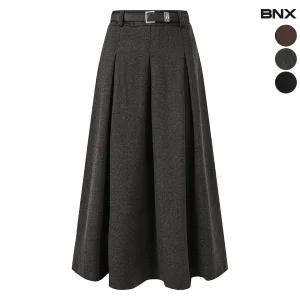 여성 플리츠 주름 벨트 롱스커트