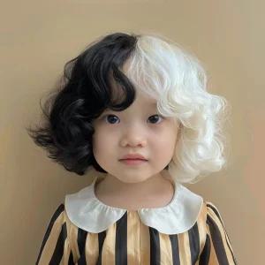 이용 크루엘라 가발 퍼포먼스 짧은 머리 4855cm 머리 프레 검정흰색 이 곱슬