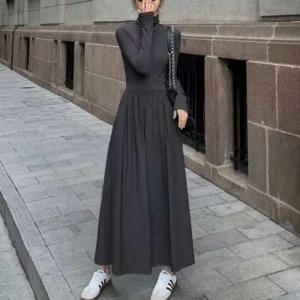 여자 긴팔 검정 하객룩 원피스 가을 간절기 나들이 목티 롱 데일리 드레스 플레어 코