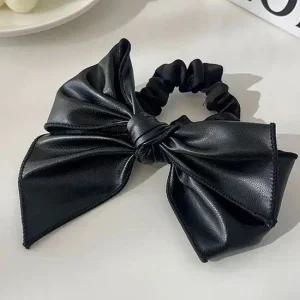 여성 리본 가죽 스크런치 곱창 헤어 머리 끈 블랙