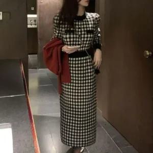 코디 청순한 체크 겨울니트원피스 정장 롱원피스 캐주