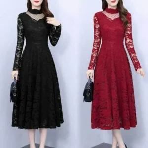 고품질 망사 하이넥 여성 시스루 섹시 레이스 원피스 2컬러 레이스치마원피스 긴팔치마원피스 (WFK3SXC)