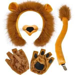 4Pc 사자 의상, 갈색 귀 머리띠 및 꼬리 코 발톱 장갑, 할로윈 코스프레 파티 의상 액세서리