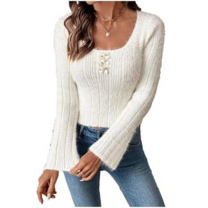 여성 니트 스웨터 가을 겨울 캐주얼 플레어 긴팔 리브 슬림 핏 귀여운 풀오버 크롭탑 트렌디 블라우스