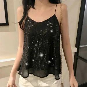 여성 나시 민소매 탱크탑 반짝이 무대복 공연복