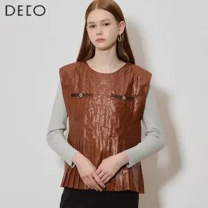 데코 레더 플리츠 슬리브리스 블라우스