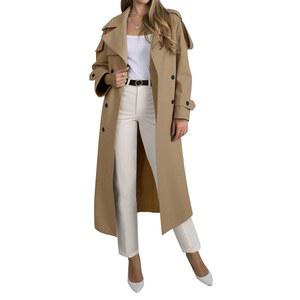 무치파우 여성용 롱 트렌치코트 더블 가슴 라펠 오버사이즈 방풍 오버코트 벨트 포함