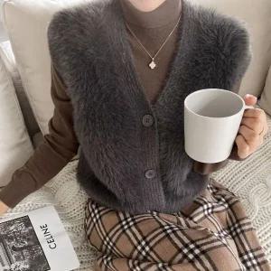 여성 가을 겨울 단추 브이넥 퍼 조끼 밍크 베스트 VE0028S