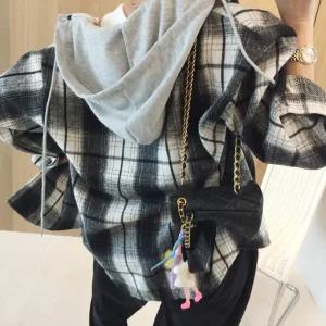 에버 탈부착 배색후드 피치기모 오버핏 가을 체크남방 (2color)