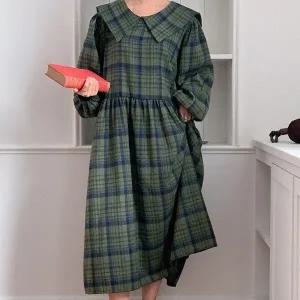 [다잇템] 여자 세일러카라 박스 격자 귀여운 임산부 벌룬 롱원피스_23387265_588872