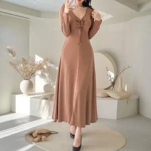 [다잇템] 여자 V넥 잔주름 스웨터 롱 귀여운 바스트 원피스