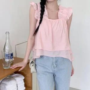 [다잇템] 여성 티어드 스퀘어넥 슬리브리스 귀여운 프릴 블라우스