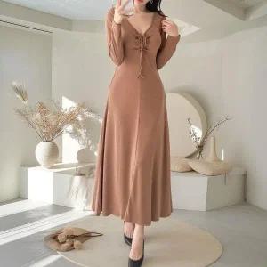 [다잇템] 여자 V넥 잔주름 스웨터 롱 귀여운 바스트 원피스_23435857_588872