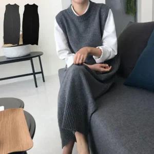 여자 심플 울혼방 레이어드 민소매 니트 롱 원피스