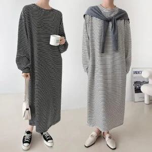 여성 봄 가을 데일리 단가라 박시 긴팔 롱 원피스 임부복 OP0567S 빅사이즈 루즈핏