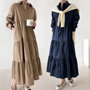 여성 봄 가을 카라 셔츠 캉캉 롱 원피스 꾸안꾸 OP0568S 빅사이즈 루즈핏