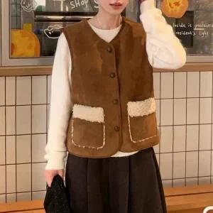 여성 뽀글이 포켓 퍼안감 스웨이드 무스탕 베스트