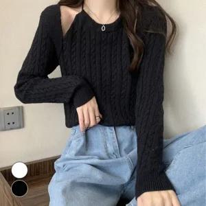 여성 홀터넥 볼레로 어깨트임 여리 꽈배기 긴팔 니트 (WFC8138)