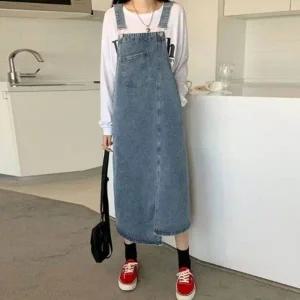 멜빵스커트 트임 언발란스 데님 편한 청원피스