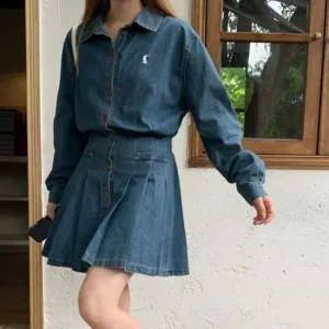여자 청남방 플리츠 스커트 일체형 데님 원피스