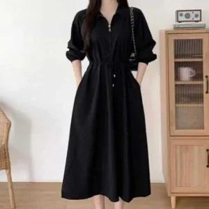 스타일 인기 캐주얼 앞지퍼 오픈타입 카라 롱 원피스