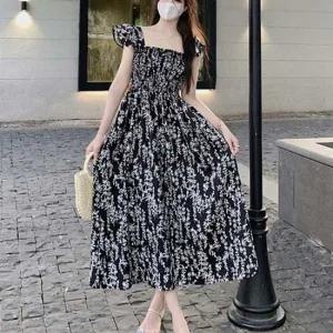 스모크밴딩 롱 원피스 잔꽃무늬 여름 드레스