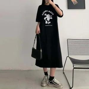 오버핏 캐주얼 캐릭터 롱 반팔 원피스