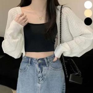 펀칭 긴팔 벌룬소매 볼레로 여름 얇은 여자 가디건