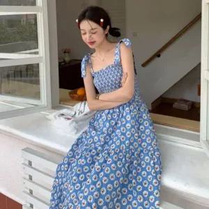 나시 롱원피스 플라워 어깨 주름 나시원피스 스모킹밴