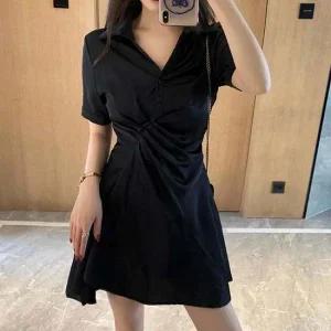 허리 주름 원피스 브이넥 여리핏 언발 기장