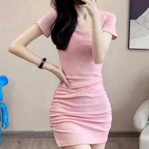 스퀘어넥 반팔 셔링 미니원피스 세로 골지 패턴