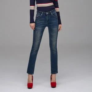 [진마니아]블루 빈티지 허리스판 위빙기모 일자 데님