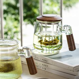 [티이야기 앤틱 티머그] 차우리는컵 차거름망 머그컵 내열유리 강화 투명 우드 뚜껑 명품