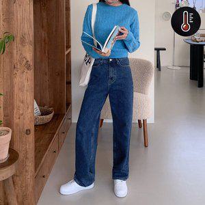 [진마니아] 셀링 블루 기모 난스판 와이드롱 데님 팬츠