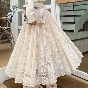 플레어 롱 스커트 레이스 치마 허리 밴딩 44-77