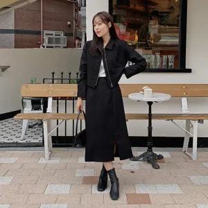 핫핑 [스테디셀러] 페빗 트위드 카라넥 투포켓 집업 자켓+트임 롱 스커트 투피스set