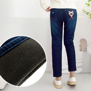 [103st] 여성 배기핏 융기모 본딩 몽키 캐릭터 자수 밴딩 스판 겨울 청바지 진청