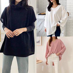 [아이우먼]여자 빅사이즈 폴라 반팔 조끼 브이넥 롱 티셔츠 봄옷