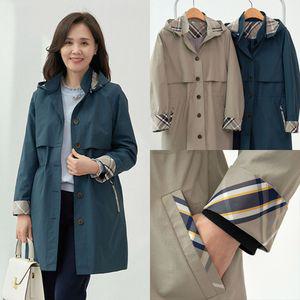 마미소 체크 배색 후드 바바리 국내생산 고급 엄마 할머니 빅사이즈 40 60 마담 중년 여성 옷