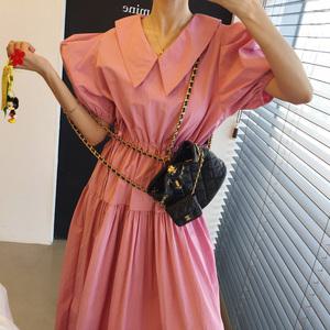 로렌 브이넥 카라 허리줄임끈 벌룬 퍼프 바스락 A라인 롱 반팔 원피스 (3color)