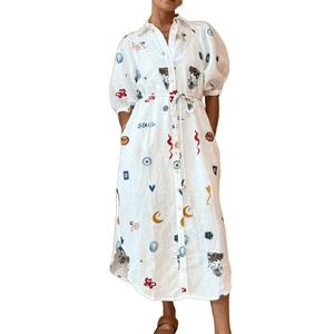 셔츠형원피스 화이트 세련된 롱스커트 2XL 유니크 그래피티 벌룬 소매 카디건 캐주얼 패션