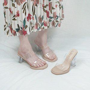 [디아]아티 두줄 투명 스트랩 가보시 유리굽 키높이 힐 슬리퍼 8 10 12cm