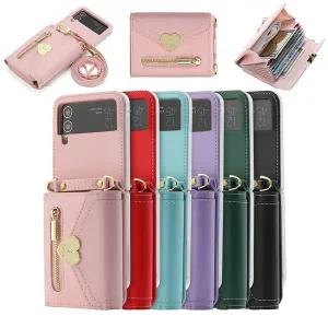 사찌몰 갤럭시z플립 5 4 3 골드 하트 카드지갑 스트랩 케이스