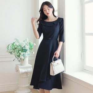 [시크라인] (~XXL까지) 레도라 보트넥 카라 벨티드 언발 러플 플레어 원피스 봄,가을 하객룩 오피스룩 격식룩 데이트룩