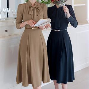 [시크라인] (~XXL까지) 엘로웬 리본넥 벨티드 맞주름 플레어 원피스 봄,가을 하객룩 오피스룩 격식룩 모임룩 데이트룩