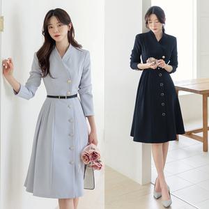 [시크라인] (~XXL까지) 유라이 노카라 사이드 플리츠 사선 플레어 벨트 원피스 봄,가을 하객룩 오피스룩 격식룩