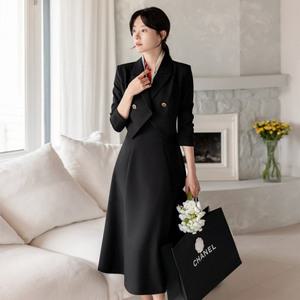 [시크라인] (~XXL까지) 르뮤 투버튼 자켓 레이어드 배색 슬리브 플레어 원피스 봄,가을 하객룩 오피스룩 격식룩